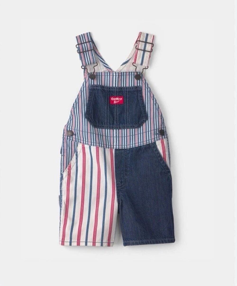 OshKosh B’gosh Toddler Patchwork Striped Shortall - Red/White/Blue 2T